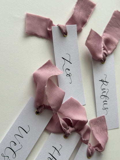 LILAC Chiffon Ribbon Calligraphy Place Name Card | White Calligraphy Wedding Place Name Card | Gold or Silver Eyelet