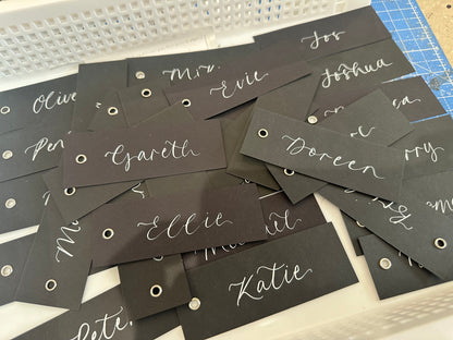 Custom Card Calligraphy Place Card with Eyelet | Dark DIY Add Own Ribbon Wedding Place Name Card