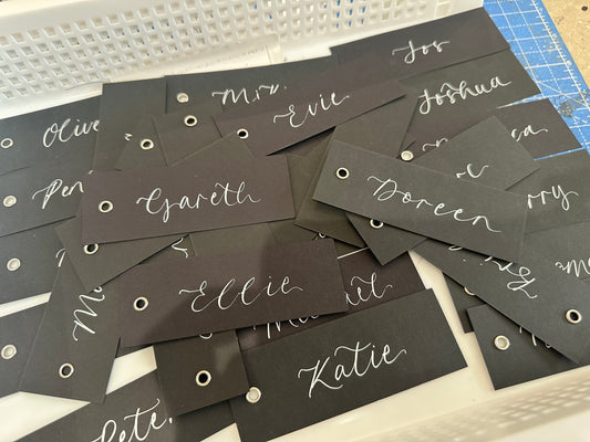 BLACK Calligraphy Place Name Card | Matte Coloured Card with Hand Written Calligraphy optional gold or silver eyelet