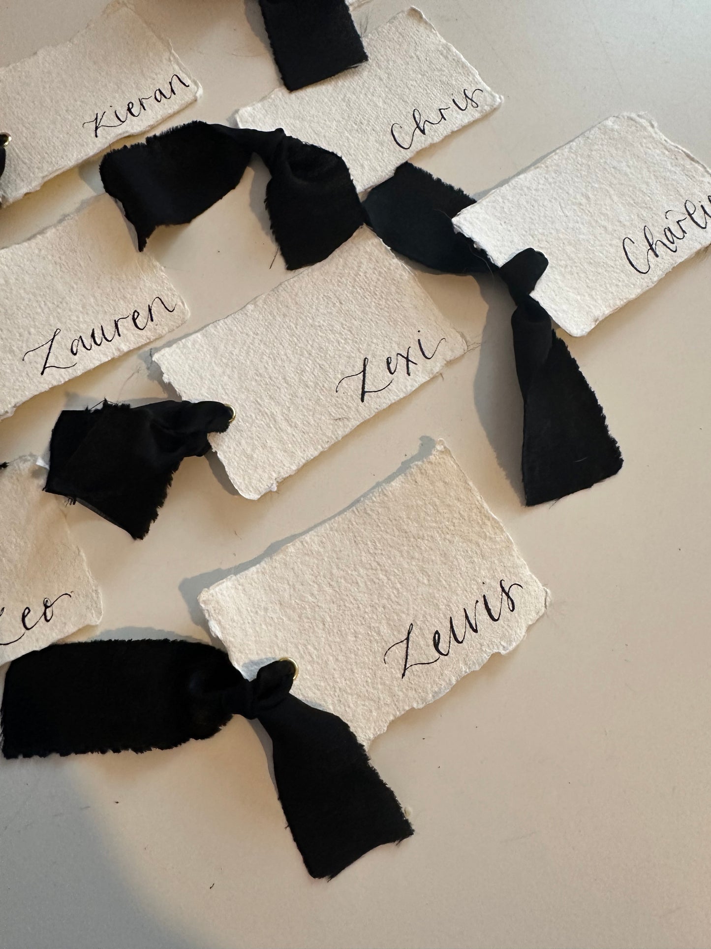 Handmade Paper Place Card Chiffon Ribbon | Calligraphy Wedding Place Name Card | Gold or Silver Eyelet