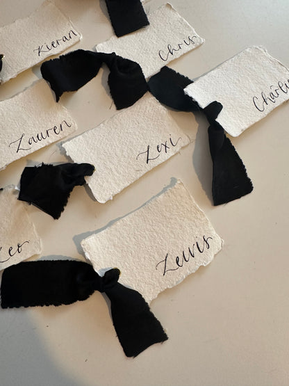 HANDMADE PAPER Place Card Chiffon Ribbon | Calligraphy Wedding Place Name Card | Gold or Silver Eyelet