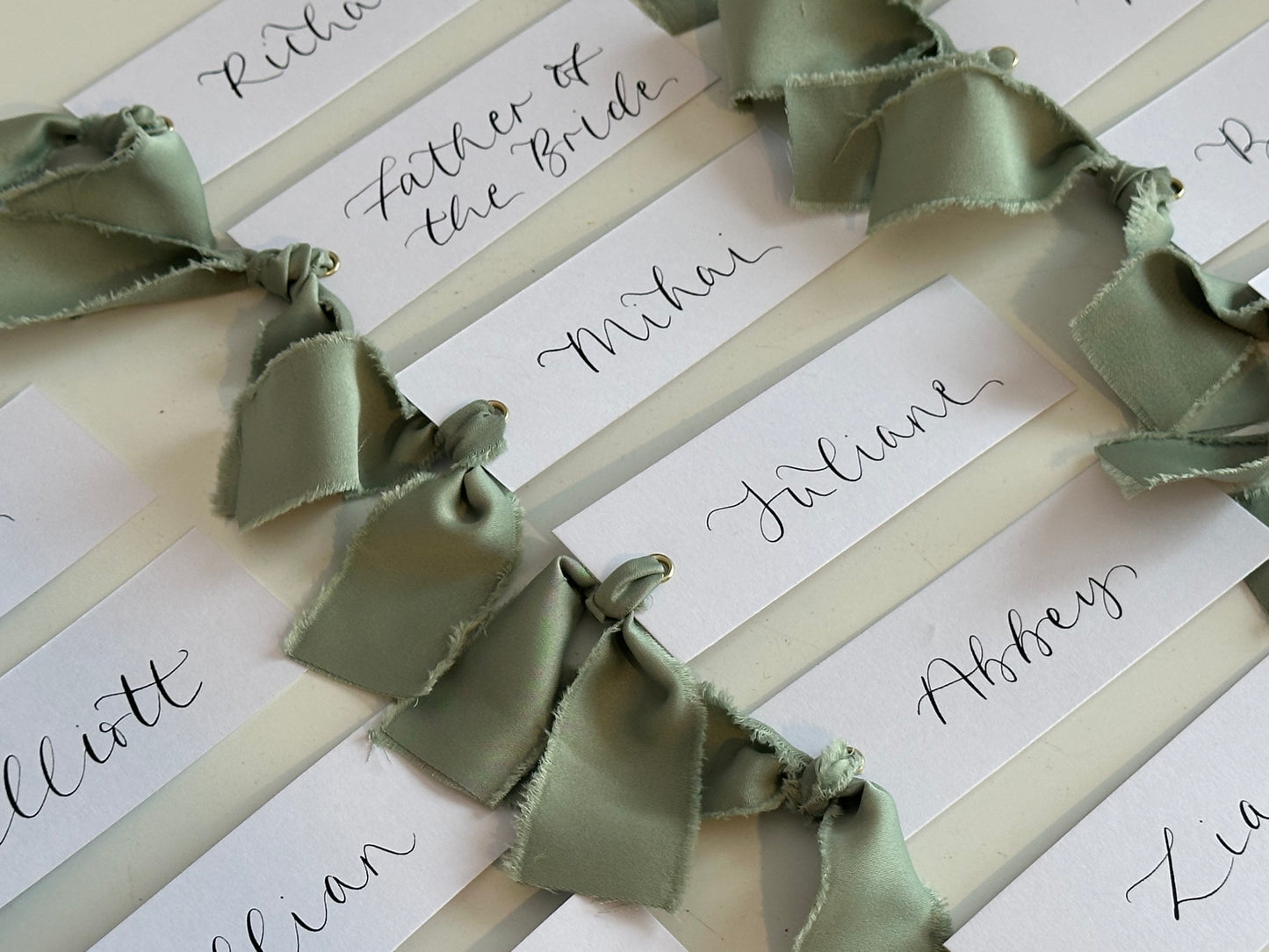 SAGE Green White Place Card with Satin Ribbon | Calligraphy Wedding Place Name Card | Gold or Silver Eyelet