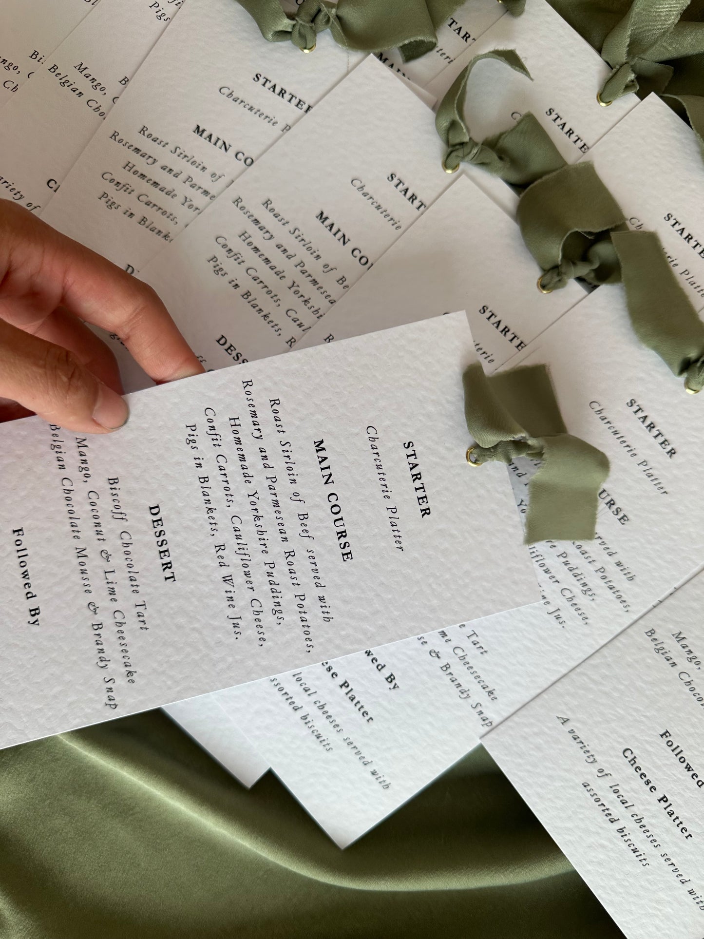 Ribbon Printed Calligraphy Menu Skinny | Custom Printed Calligraphy Wedding Menu Skinny Card | Gold or Silver Eyelet