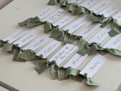SAGE Green White Place Card with Satin Ribbon | Calligraphy Wedding Place Name Card | Gold or Silver Eyelet