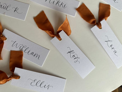 OCHRE Chiffon Ribbon Calligraphy Place Name Card | White Calligraphy Wedding Place Name Card | Gold or Silver Eyelet