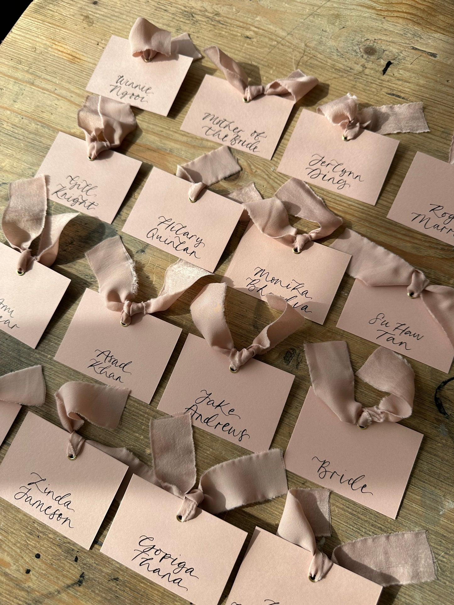 BLUSH Square *ish Chiffon Ribbon Calligraphy Place Name Card | White Calligraphy Wedding Place Name Card | Gold or Silver Eyelet