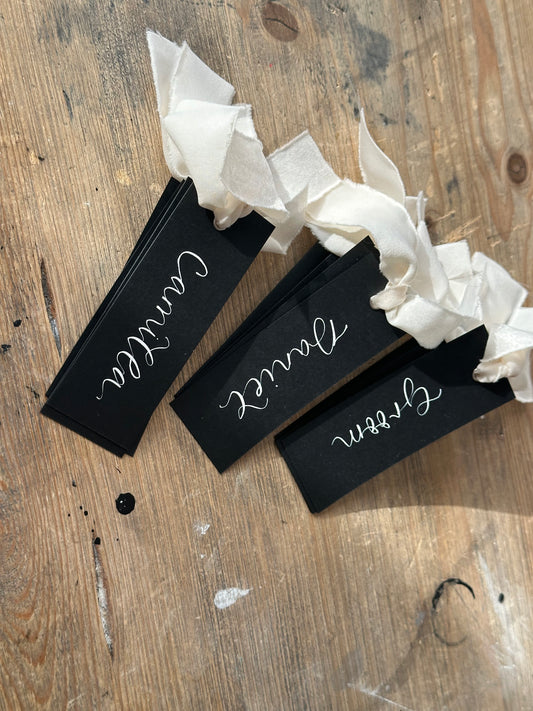 BLACK + CHAMPAGNE Place Card with Chiffon Ribbon | Calligraphy Wedding Place Name Card | Gold or Silver Eyelet