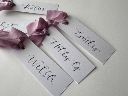 LILAC Chiffon Ribbon Calligraphy Place Name Card | White Calligraphy Wedding Place Name Card | Gold or Silver Eyelet