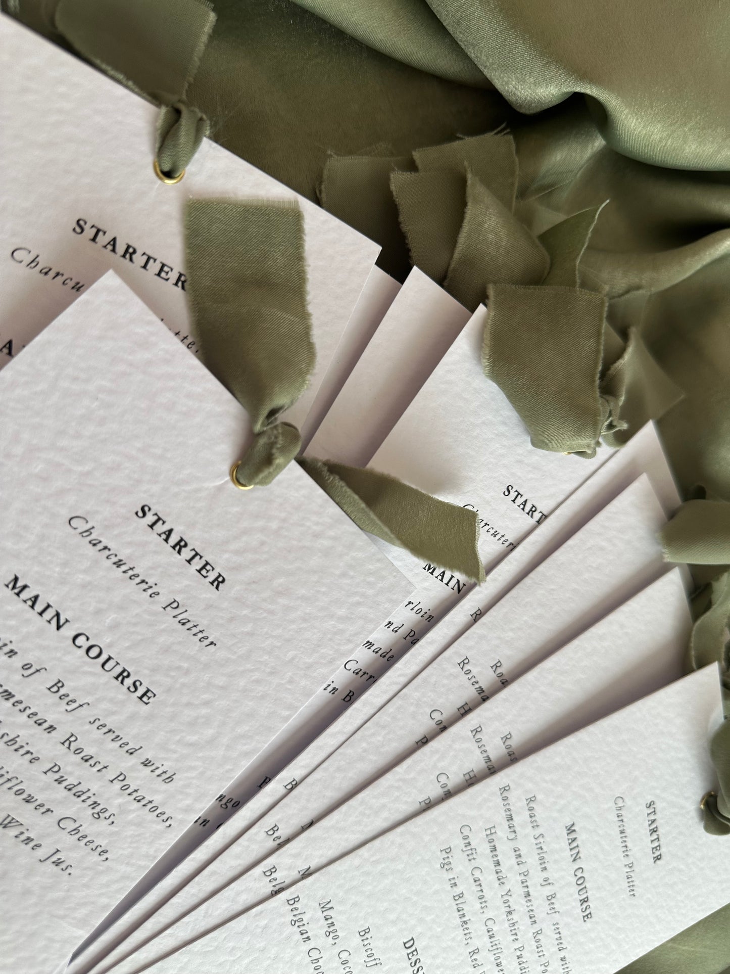 Ribbon Printed Calligraphy Menu Skinny | Custom Printed Calligraphy Wedding Menu Skinny Card | Gold or Silver Eyelet