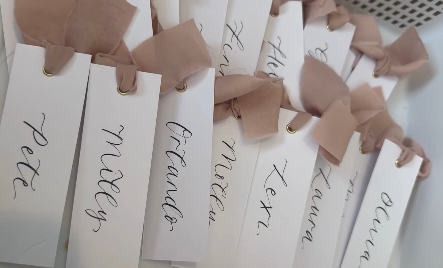 BLUSH Chiffon Ribbon Calligraphy Place Name Card | White Calligraphy Wedding Place Name Card | Gold or Silver Eyelet