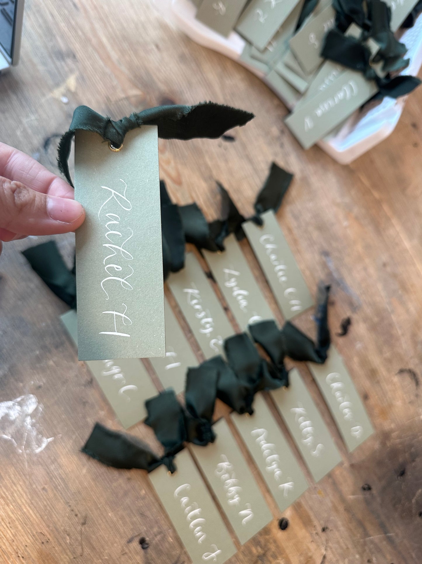 EUCALYPTUS + FOREST Satin Ribbon Calligraphy Place Name Card | Calligraphy Wedding Place Name Card | Gold or Silver Eyelet
