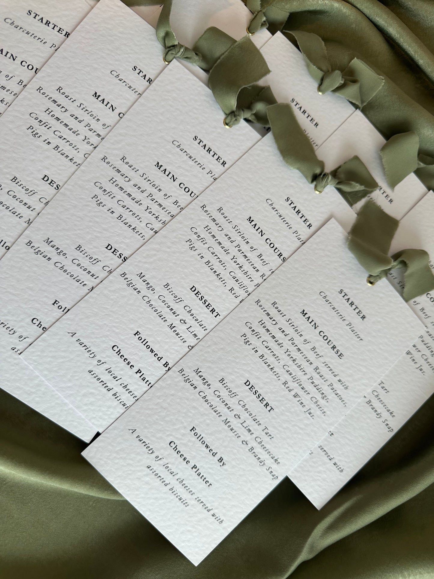 Ribbon Printed Calligraphy Menu Skinny | Custom Printed Calligraphy Wedding Menu Skinny Card | Gold or Silver Eyelet