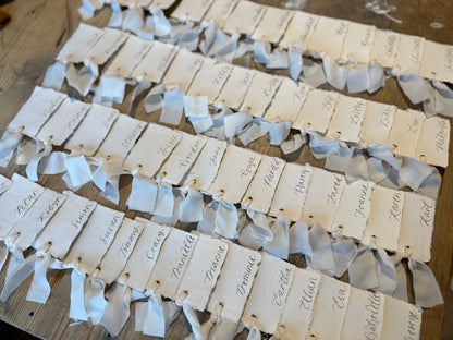 HANDMADE PAPER Place Card Chiffon Ribbon | Calligraphy Wedding Place Name Card | Gold or Silver Eyelet