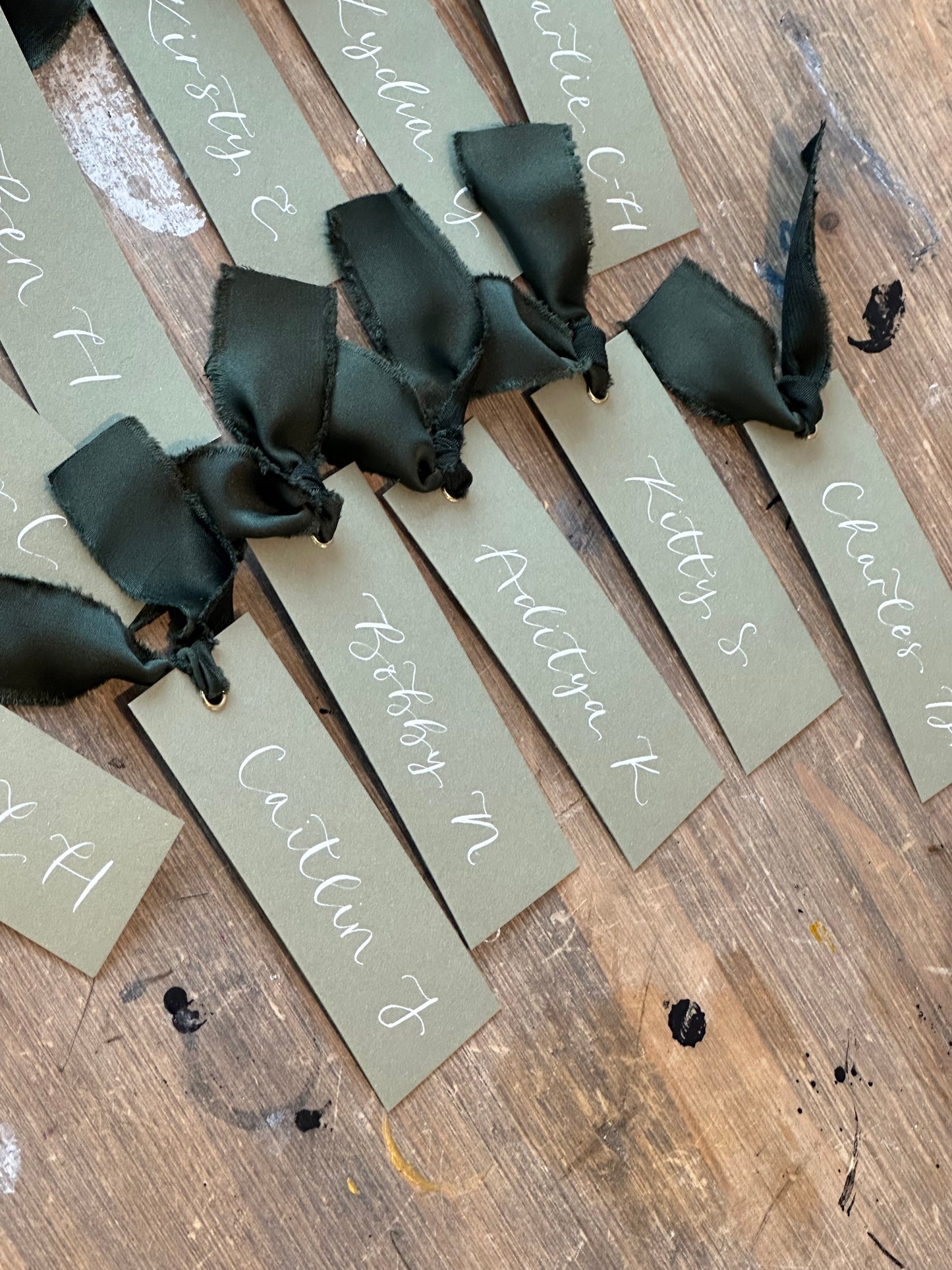 EUCALYPTUS + FOREST Satin Ribbon Calligraphy Place Name Card | Calligraphy Wedding Place Name Card | Gold or Silver Eyelet