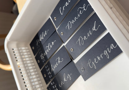 NAVY Calligraphy Place Name Card | Matte Coloured Card with Hand Written Calligraphy optional gold or silver eyelet