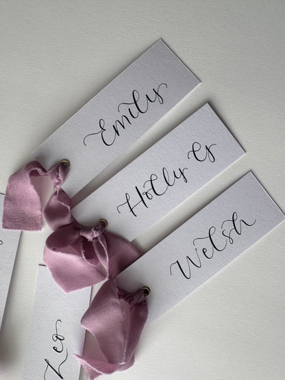LILAC Chiffon Ribbon Calligraphy Place Name Card | White Calligraphy Wedding Place Name Card | Gold or Silver Eyelet