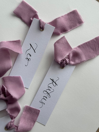 LILAC Chiffon Ribbon Calligraphy Place Name Card | White Calligraphy Wedding Place Name Card | Gold or Silver Eyelet