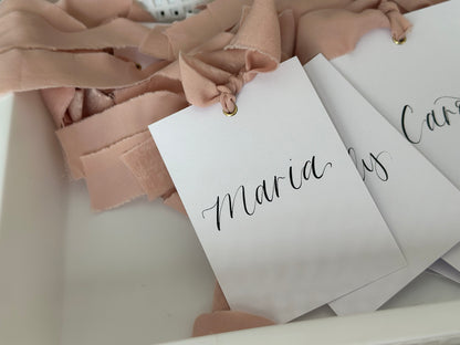 Ribbon Calligraphy Wedding Dress Hanger Sign | A7 Calligraphy Wedding Reserved Sign Card | Gold or Silver Eyelet