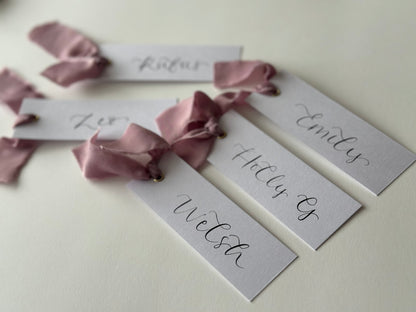 LILAC Chiffon Ribbon Calligraphy Place Name Card | White Calligraphy Wedding Place Name Card | Gold or Silver Eyelet