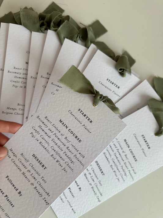 Ribbon Printed Calligraphy Menu Skinny | Custom Printed Calligraphy Wedding Menu Skinny Card | Gold or Silver Eyelet