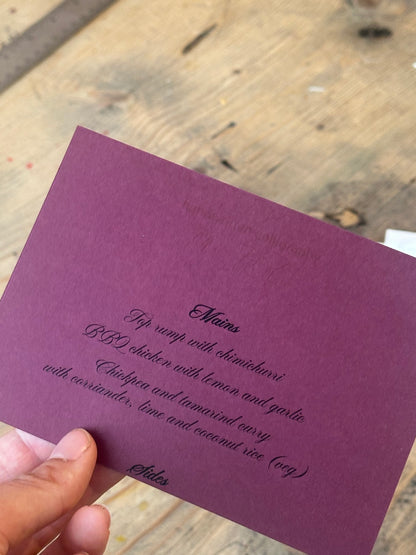 A5 Colour Wedding Menu Cards with Handwritten Calligraphy Title or Guest Name