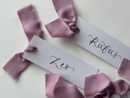 LILAC Chiffon Ribbon Calligraphy Place Name Card | White Calligraphy Wedding Place Name Card | Gold or Silver Eyelet