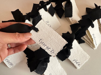 HANDMADE PAPER Place Card Chiffon Ribbon | Calligraphy Wedding Place Name Card | Gold or Silver Eyelet