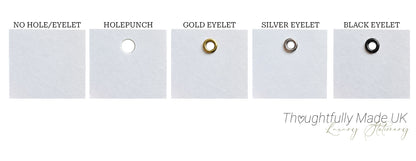 Place card finish options: no hole or eyelet, hole punch, gold eyelet, silver eyelet and black eyelet