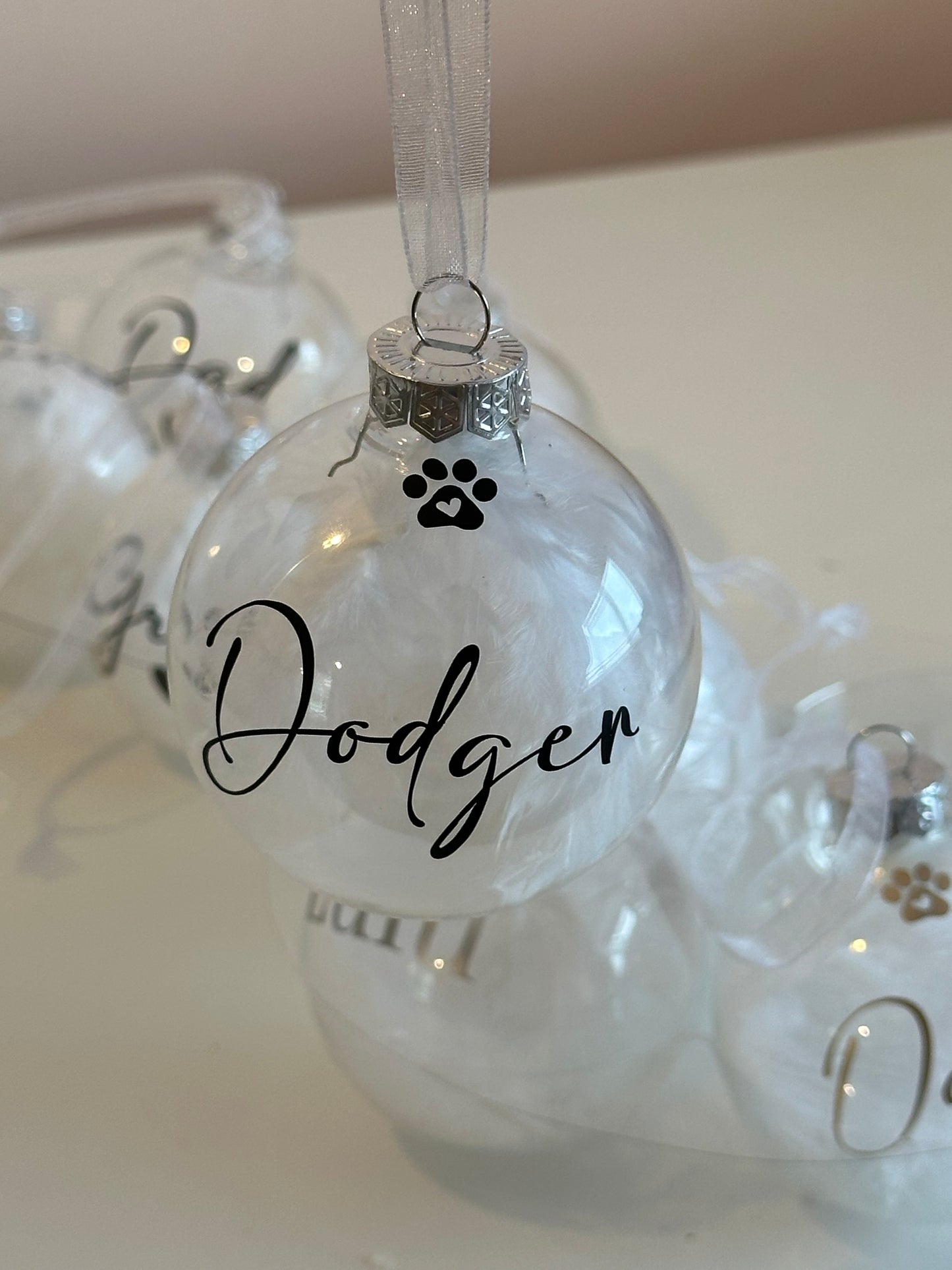 Personalised White Feather Paw Memorial Bauble: Dog, Cat, Pet Glass Remembrance Ornament