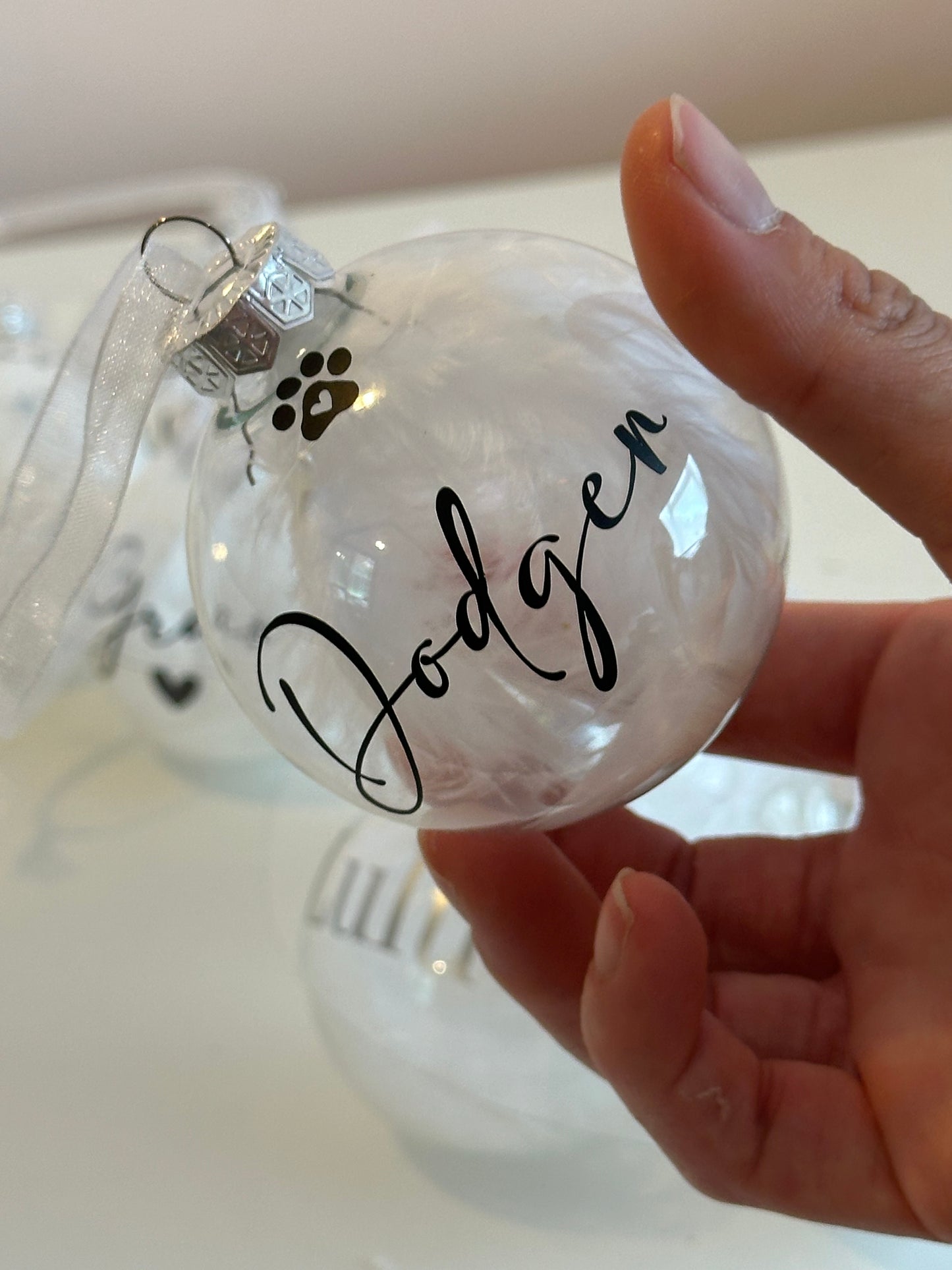 Personalised White Feather Paw Memorial Bauble: Dog, Cat, Pet Glass Remembrance Ornament