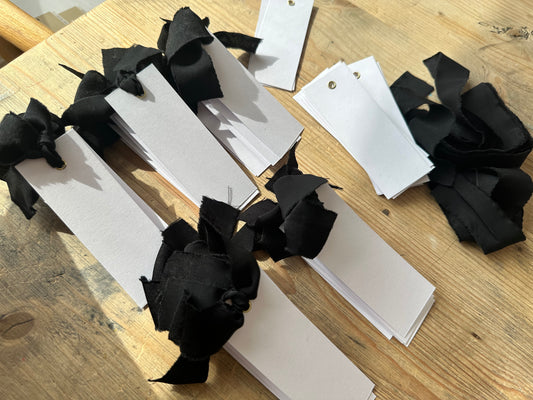 25 BLANK Black Ribbon Place Card with Eyelet | DIY Wedding Dinner Party Place Card, Write Your Own Place Setting | Monochrome Black Tie Wedding