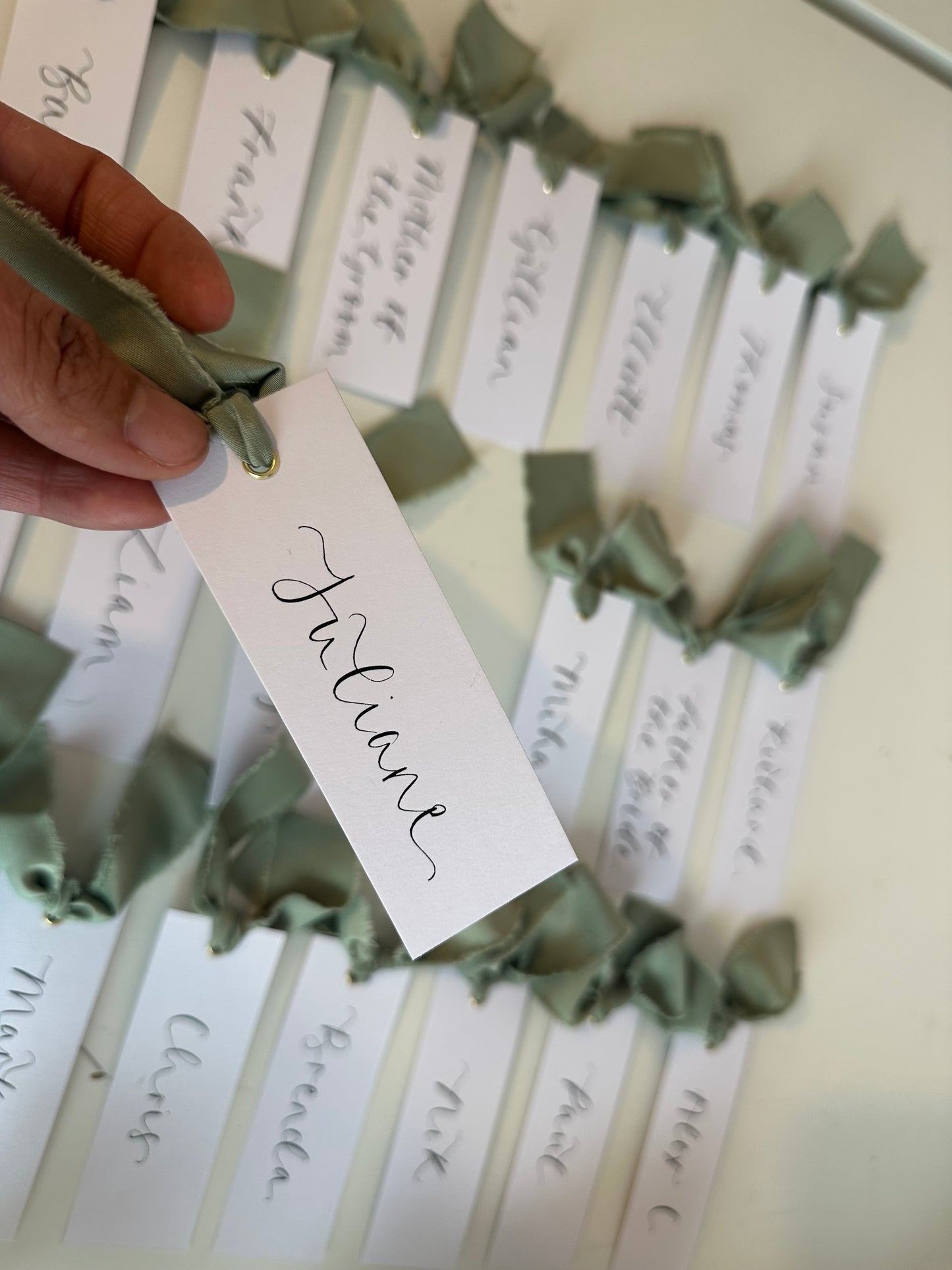 SAGE Green White Place Card with Satin Ribbon | Calligraphy Wedding Place Name Card | Gold or Silver Eyelet