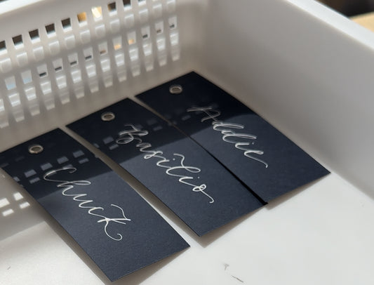NAVY Calligraphy Place Name Card | Matte Coloured Card with Hand Written Calligraphy optional gold or silver eyelet