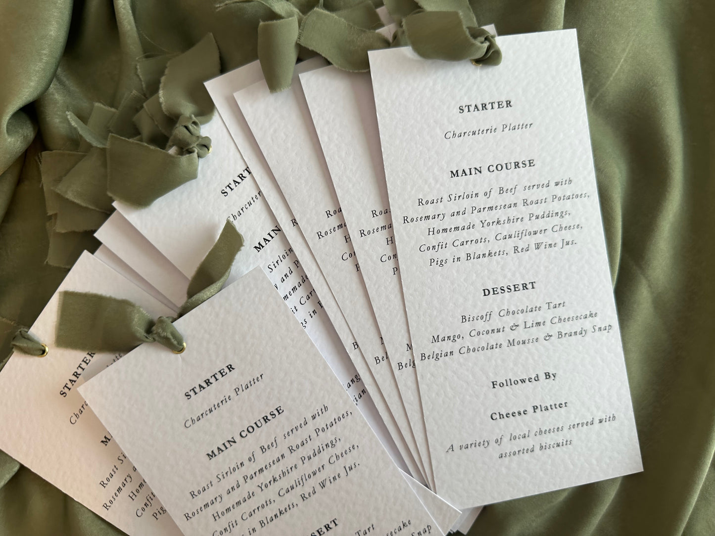 Ribbon Printed Calligraphy Menu Skinny | Custom Printed Calligraphy Wedding Menu Skinny Card | Gold or Silver Eyelet