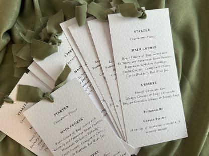 Ribbon Printed Calligraphy Menu Skinny | Custom Printed Calligraphy Wedding Menu Skinny Card | Gold or Silver Eyelet