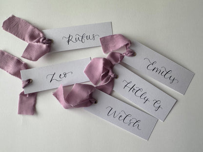 LILAC Chiffon Ribbon Calligraphy Place Name Card | White Calligraphy Wedding Place Name Card | Gold or Silver Eyelet