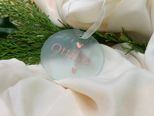 Personalised Name Heart Christmas Ornament: Ceramic, Star or Frosted Glass Bauble [New Baby First Christmas Keepsake Star Heart Tree Decoration]