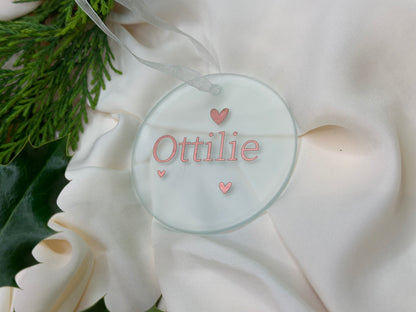 Personalised Name Heart Christmas Ornament: Ceramic, Star or Frosted Glass Bauble [New Baby First Christmas Keepsake Star Heart Tree Decoration]