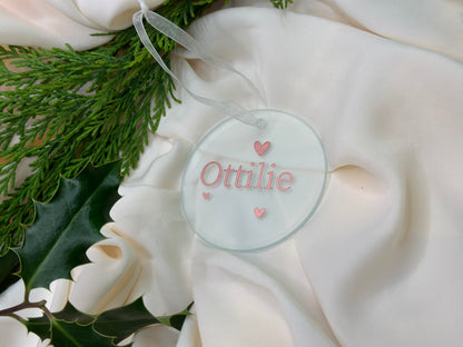 Personalised Name Heart Christmas Ornament: Ceramic, Star or Frosted Glass Bauble [New Baby First Christmas Keepsake Star Heart Tree Decoration]