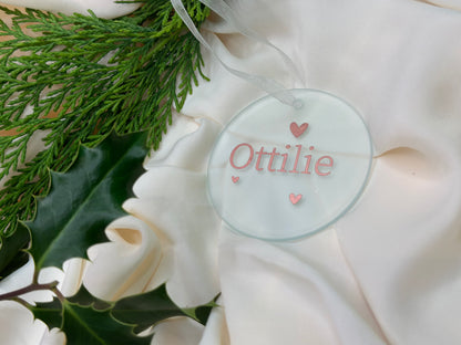 Personalised Name Heart Christmas Ornament: Ceramic, Star or Frosted Glass Bauble [New Baby First Christmas Keepsake Star Heart Tree Decoration]