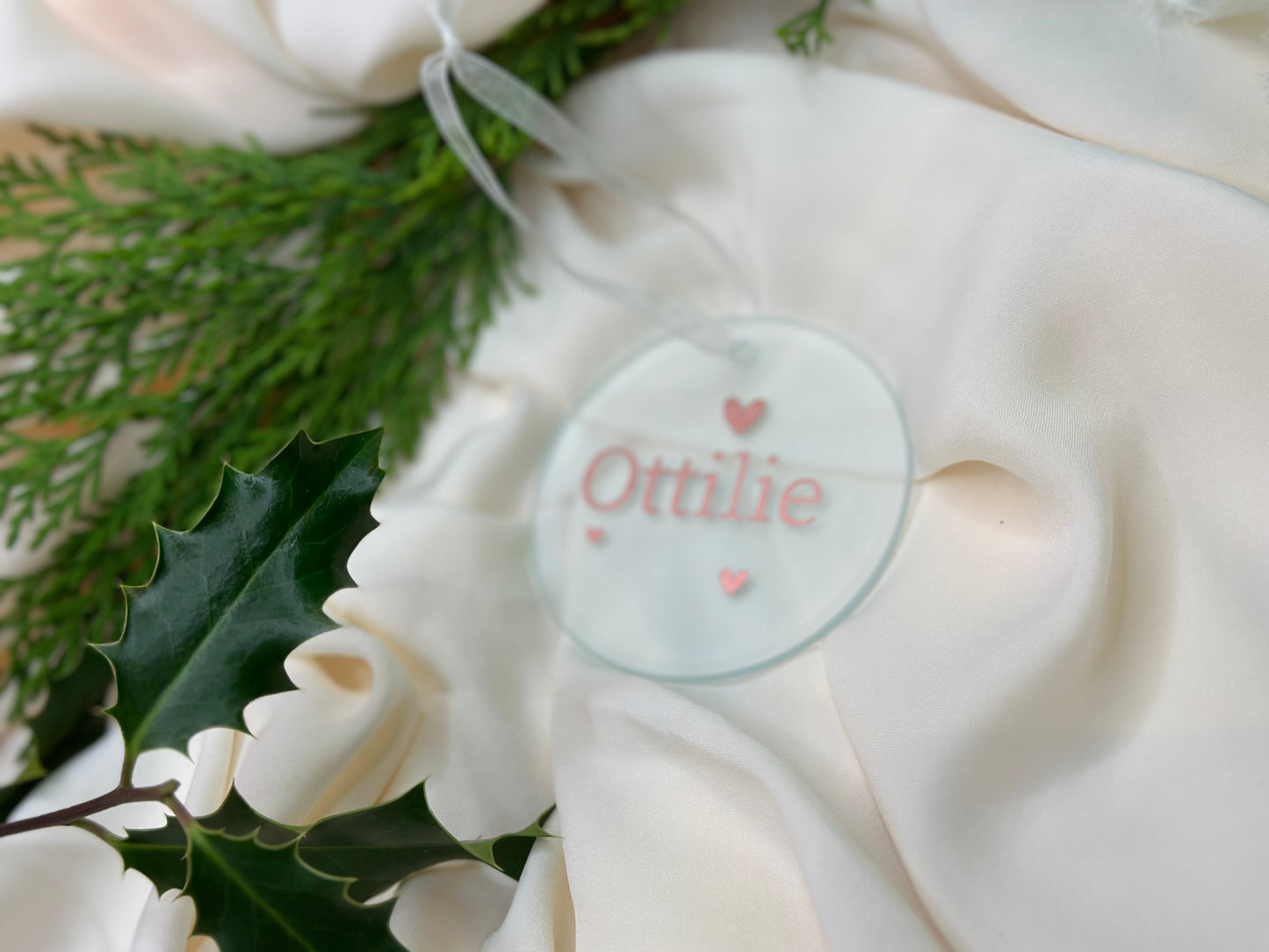 Personalised Name Heart Christmas Ornament: Ceramic, Star or Frosted Glass Bauble [New Baby First Christmas Keepsake Star Heart Tree Decoration]