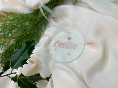 Personalised Name Heart Christmas Ornament: Ceramic, Star or Frosted Glass Bauble [New Baby First Christmas Keepsake Star Heart Tree Decoration]