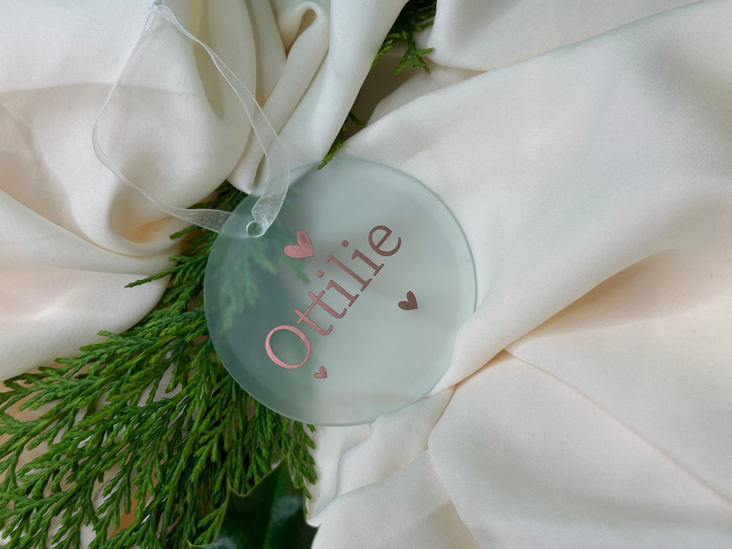 Personalised Name Heart Christmas Ornament: Ceramic, Star or Frosted Glass Bauble [New Baby First Christmas Keepsake Star Heart Tree Decoration]