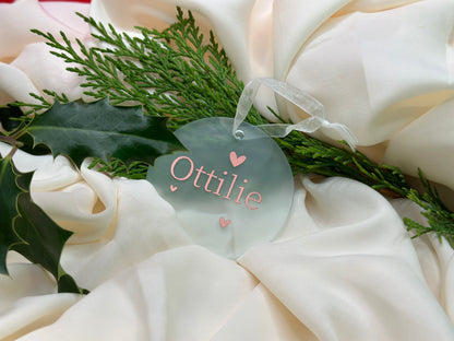 Personalised Name Heart Christmas Ornament: Ceramic, Star or Frosted Glass Bauble [New Baby First Christmas Keepsake Star Heart Tree Decoration]