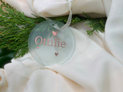 Personalised Name Heart Christmas Ornament: Ceramic, Star or Frosted Glass Bauble [New Baby First Christmas Keepsake Star Heart Tree Decoration]