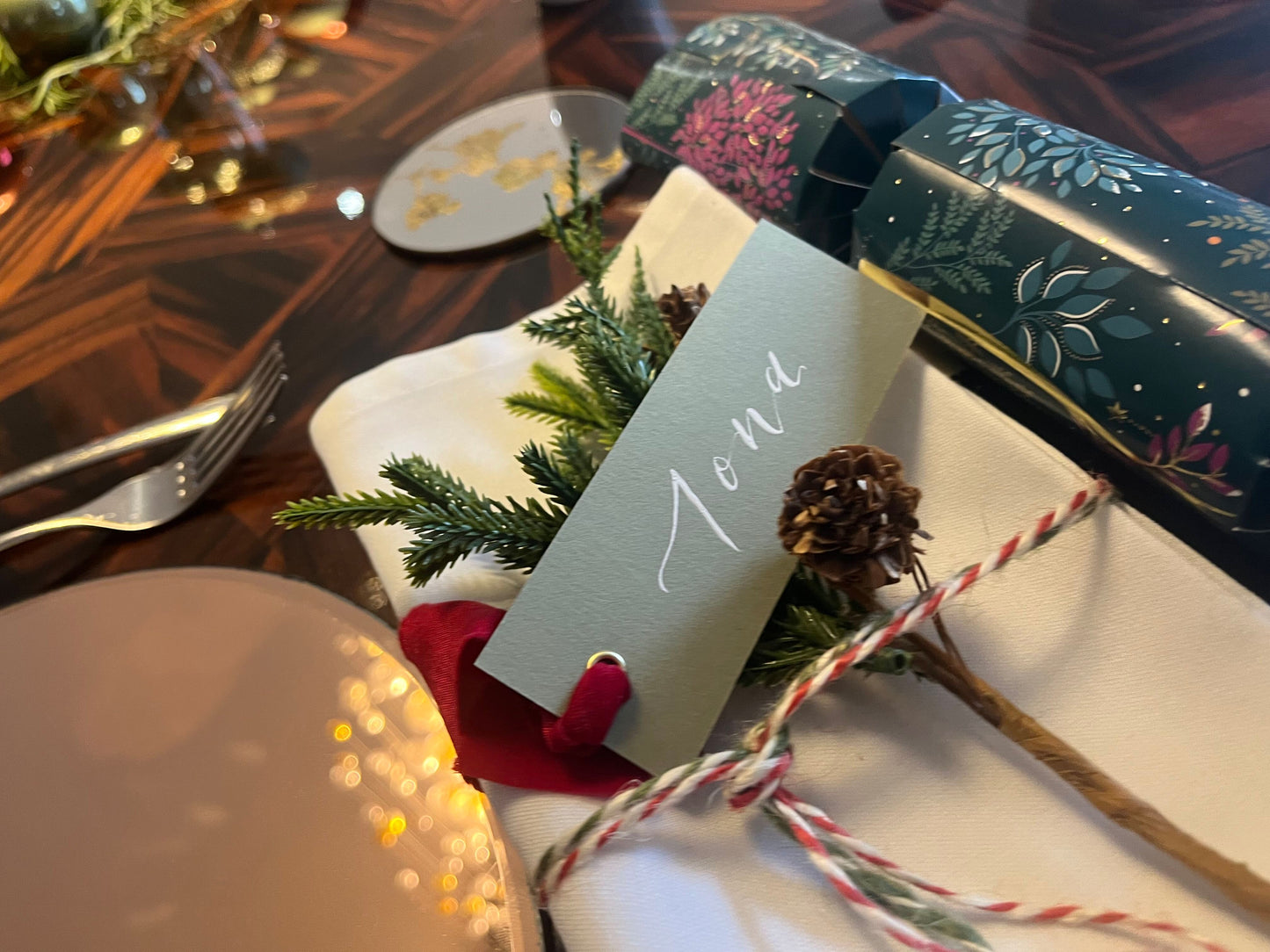 Pack of 5 Personalised Calligraphy Red Ribbon Place Cards | Christmas & New Year Table Décor