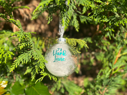 Personalised New Home Bauble: Glass White Feather Ornament [Moving House Engagement Wedding Gift Proposal]
