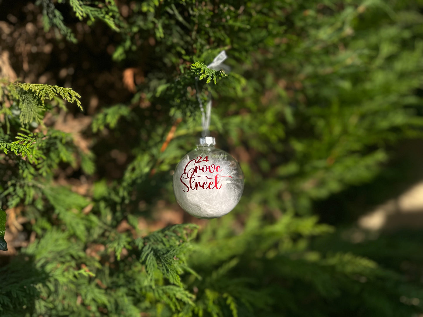 Personalised New Home Bauble: Glass White Feather Ornament [Moving House Engagement Wedding Gift Proposal]