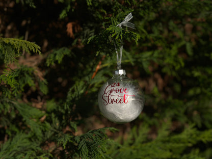 Personalised New Home Bauble: Glass White Feather Ornament [Moving House Engagement Wedding Gift Proposal]