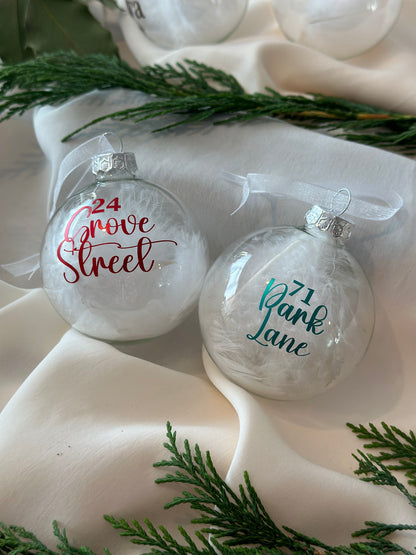 Personalised New Home Bauble: Glass White Feather Ornament [Moving House Engagement Wedding Gift Proposal]
